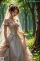 A woman in a wedding dress standing in the woods.