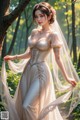 A woman in a wedding dress standing in the woods.