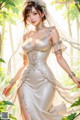 A woman in a wedding dress standing in the woods.