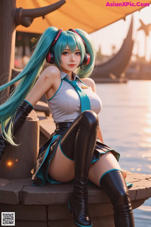 A woman with long green hair sitting on a dock.