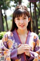 A woman in a purple and orange kimono posing for a picture.