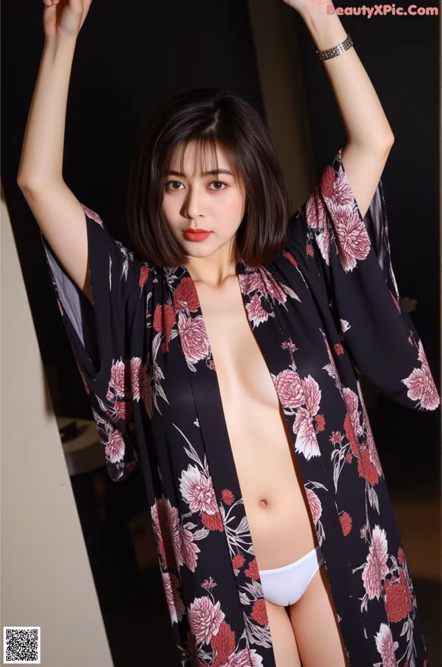 A woman in a black and red floral kimono posing for a picture.